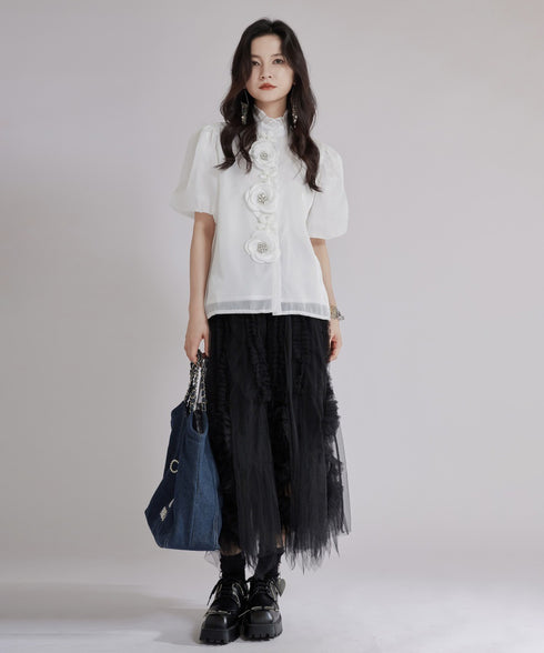 Floral Appliqué Puff Blouse